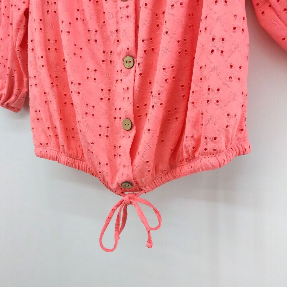 No Boundaries Shirt Womens Size XXL Coral Ballon Sleeve Button Up Tie Hem Crop - Picture 3 of 9